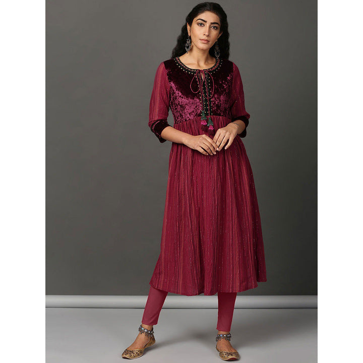 Nuhh Flared Maroon Crinkle Cotton Anarkali Set (Set of 2)