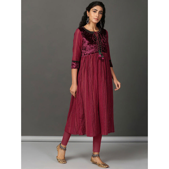 Nuhh Flared Maroon Crinkle Cotton Anarkali Set (Set of 2)