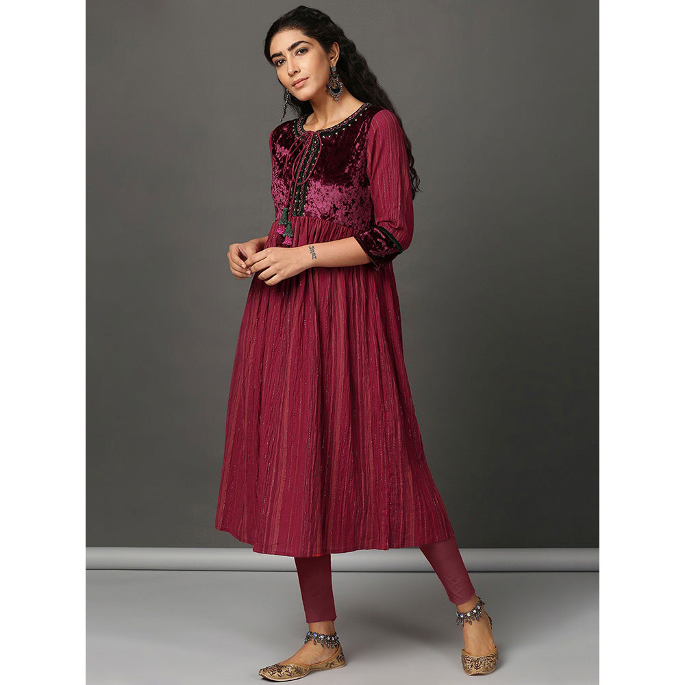 Nuhh Flared Maroon Crinkle Cotton Anarkali Set (Set of 2)