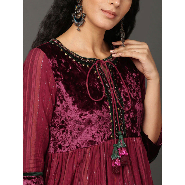 Nuhh Flared Maroon Crinkle Cotton Anarkali Set (Set of 2)