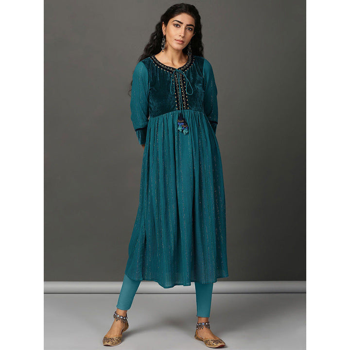 Nuhh Flared Teal Crinkle Cotton Anarkali Set (Set of 2)