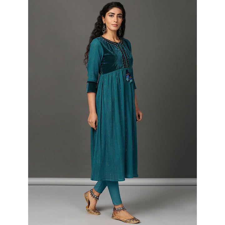 Nuhh Flared Teal Crinkle Cotton Anarkali Set (Set of 2)