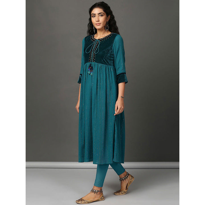 Nuhh Flared Teal Crinkle Cotton Anarkali Set (Set of 2)