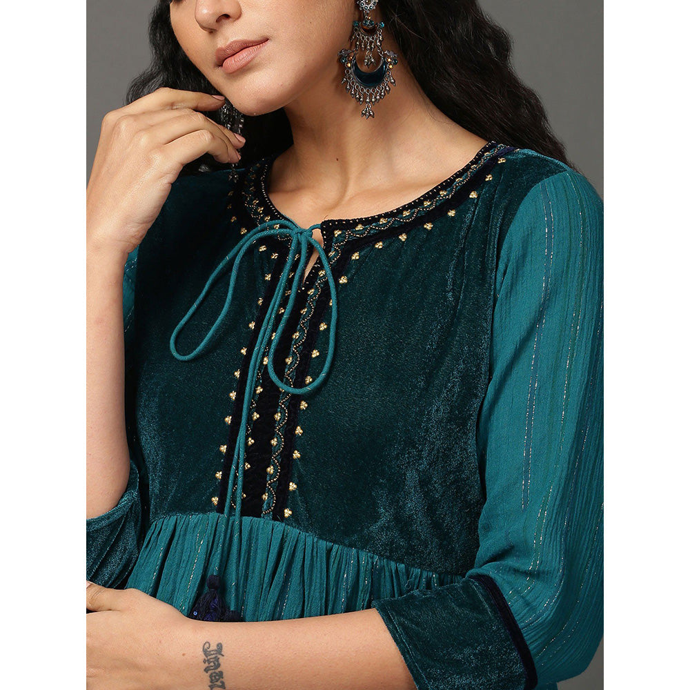 Nuhh Flared Teal Crinkle Cotton Anarkali Set (Set of 2)