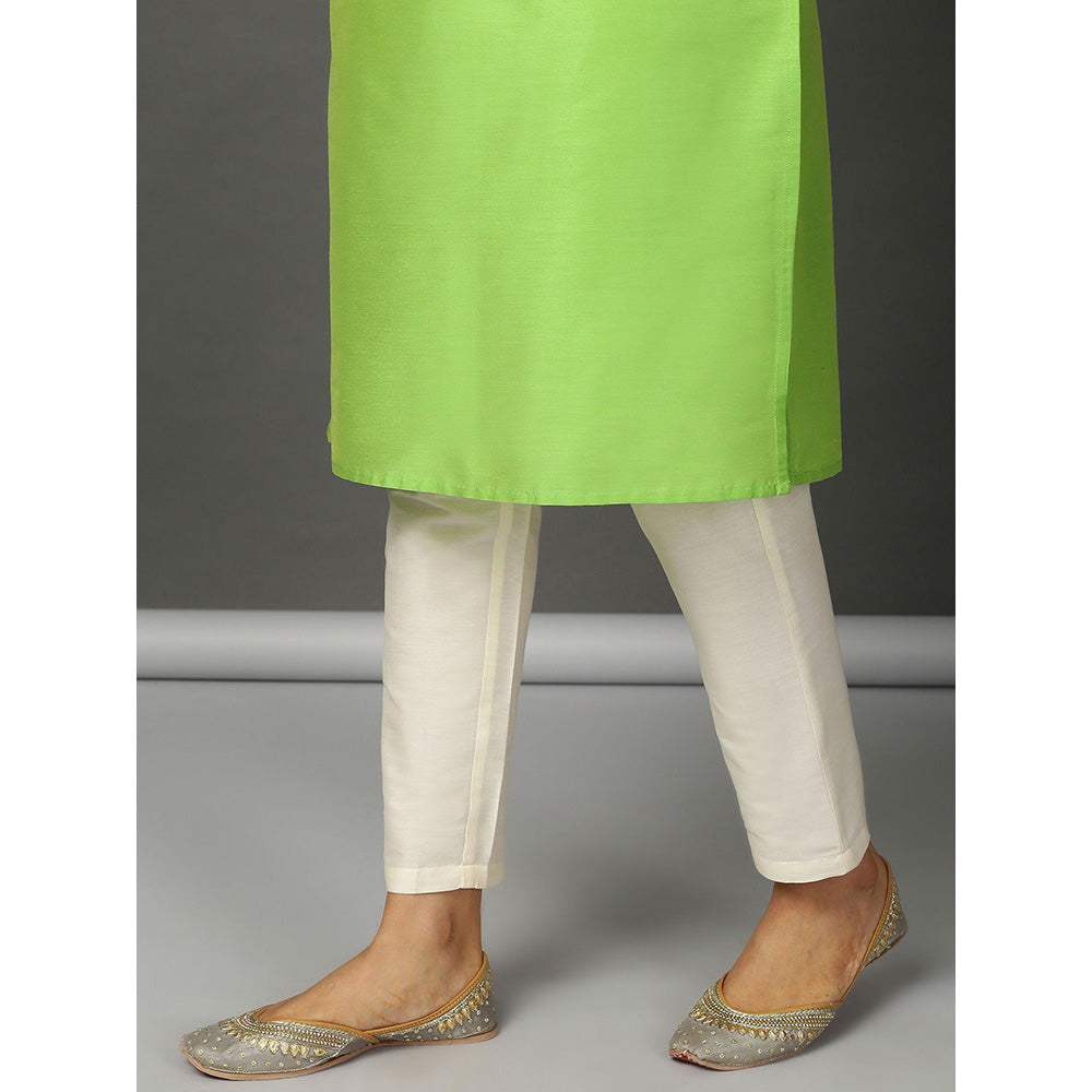 Nuhh Straight Lime Green PST Silk Kurta & Off White Pant And Dupatta (Set of 3)