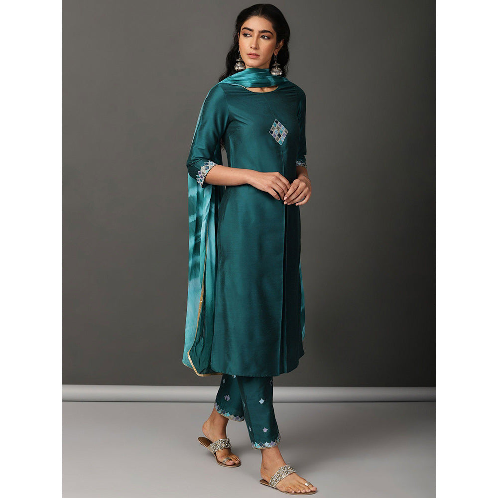 Nuhh Teal Straight PST Silk Kurta With Embroidery & Pant And Dupatta (Set of 3)