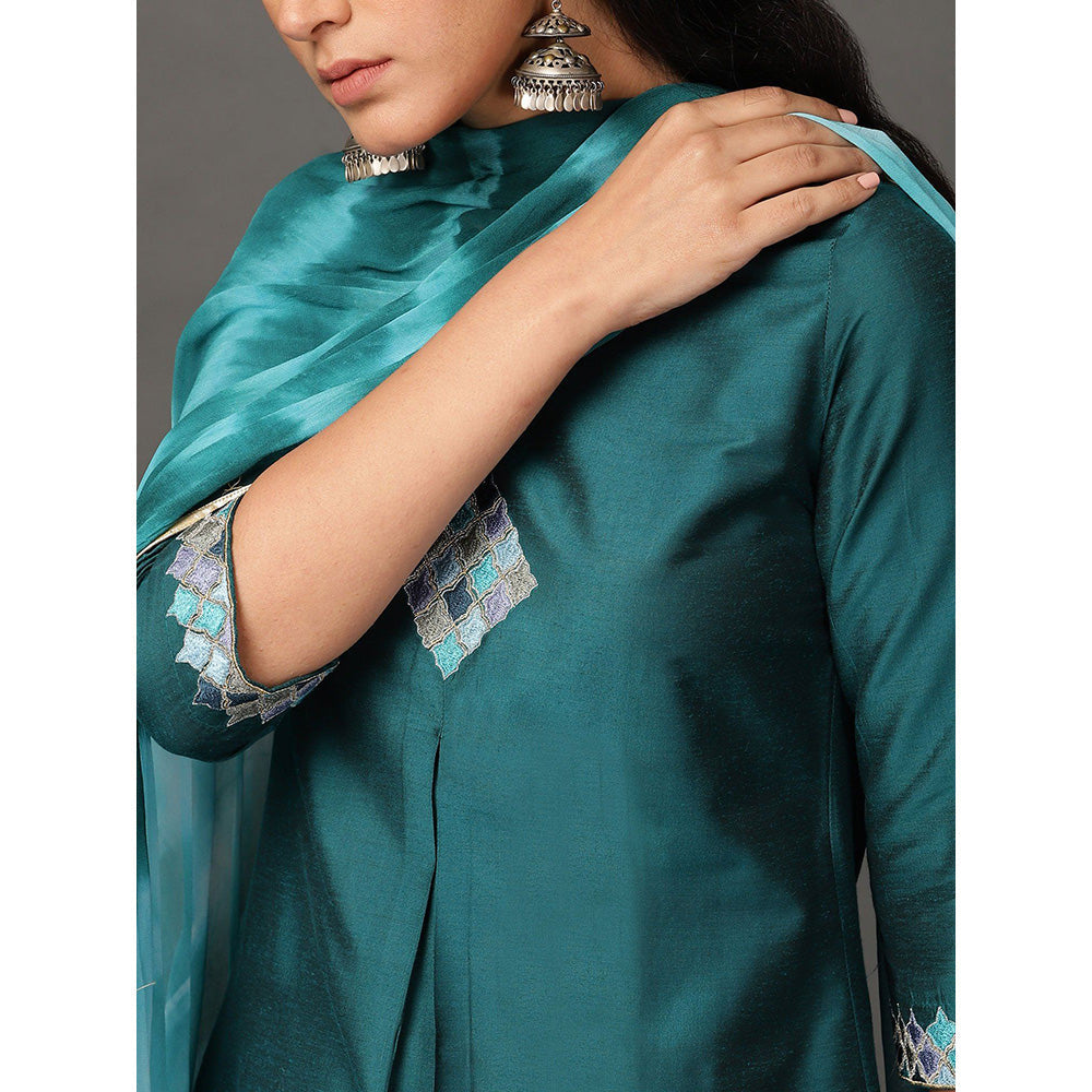 Nuhh Teal Straight PST Silk Kurta With Embroidery & Pant And Dupatta (Set of 3)