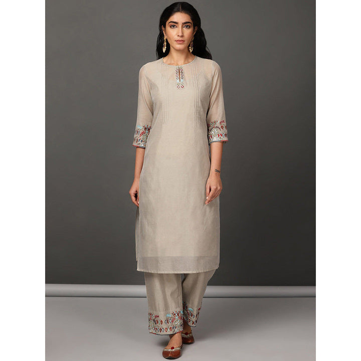 Nuhh Beige Chanderi Kurta With Pant And Embroidery (Set of 2)