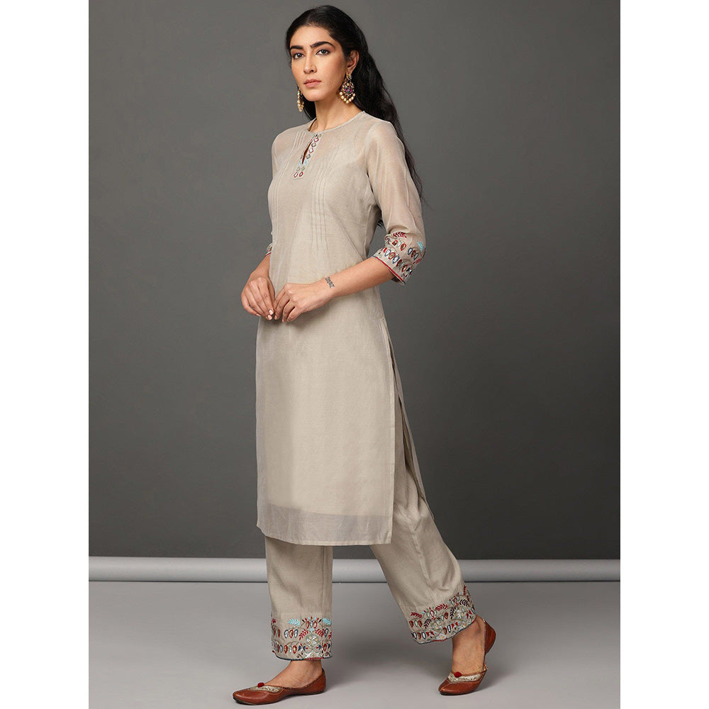 Nuhh Beige Chanderi Kurta With Pant And Embroidery (Set of 2)