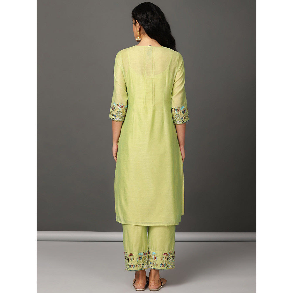 Nuhh Lime Green Chanderi Kurta With Pant And Embroidery (Set of 2)