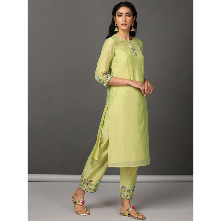 Nuhh Lime Green Chanderi Kurta With Pant And Embroidery (Set of 2)