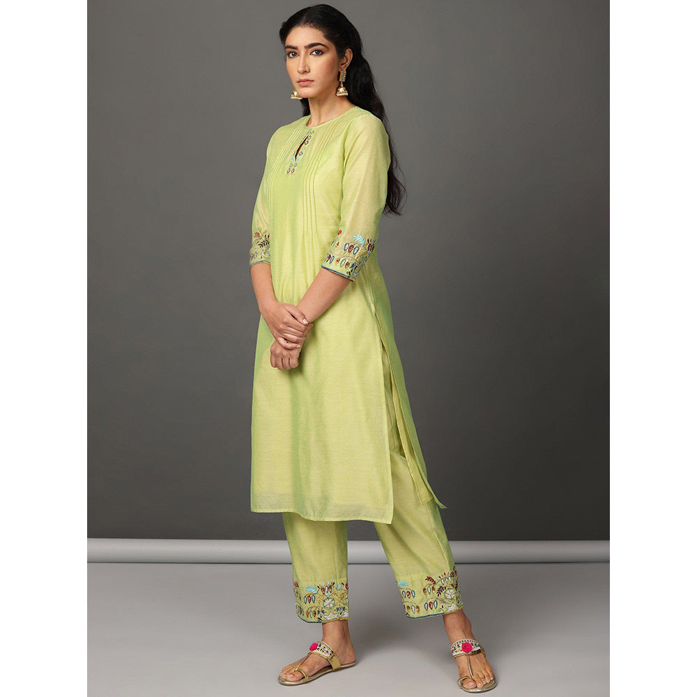 Nuhh Lime Green Chanderi Kurta With Pant And Embroidery (Set of 2)