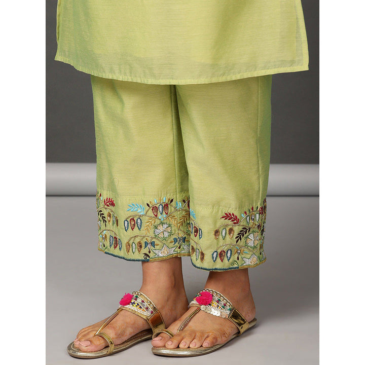 Nuhh Lime Green Chanderi Kurta With Pant And Embroidery (Set of 2)