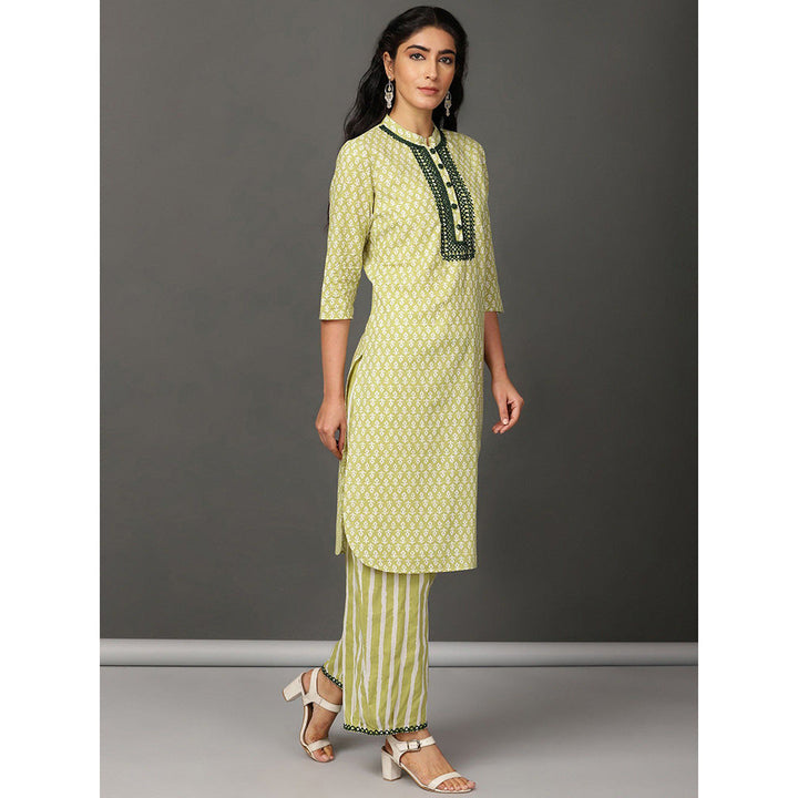 Nuhh Lime Green Kurta With Pant And Embroidery (Set of 2)