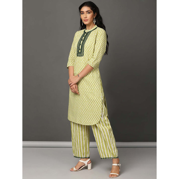 Nuhh Lime Green Kurta With Pant And Embroidery (Set of 2)