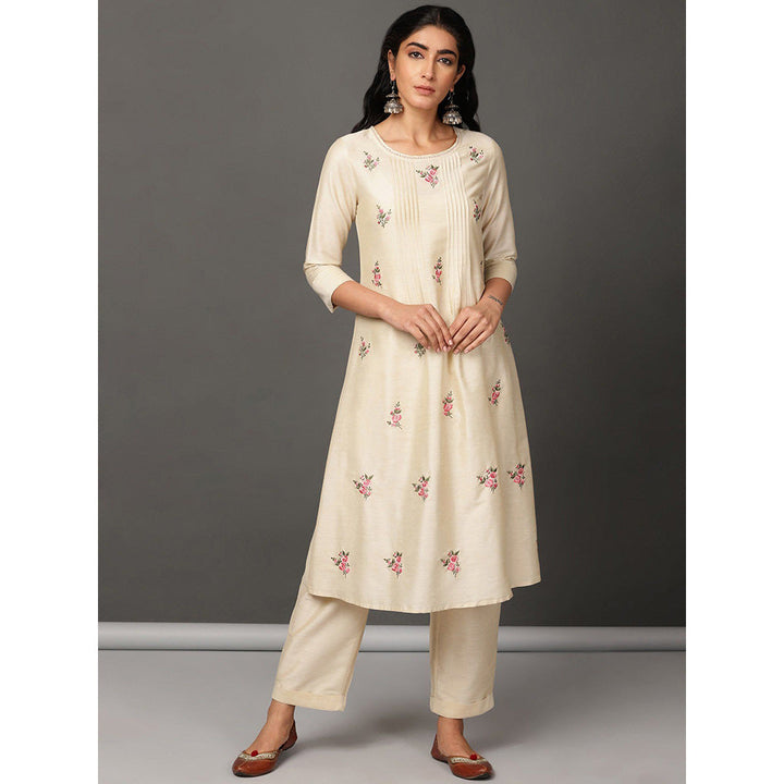 Nuhh Beige PST Silk Kurta With Pant And Embroidery (Set of 2)