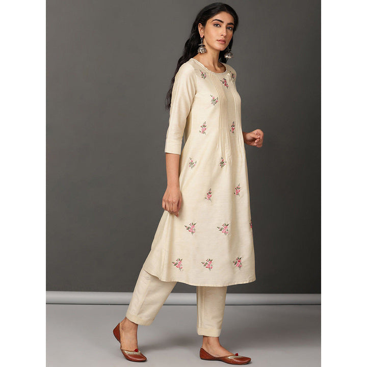 Nuhh Beige PST Silk Kurta With Pant And Embroidery (Set of 2)