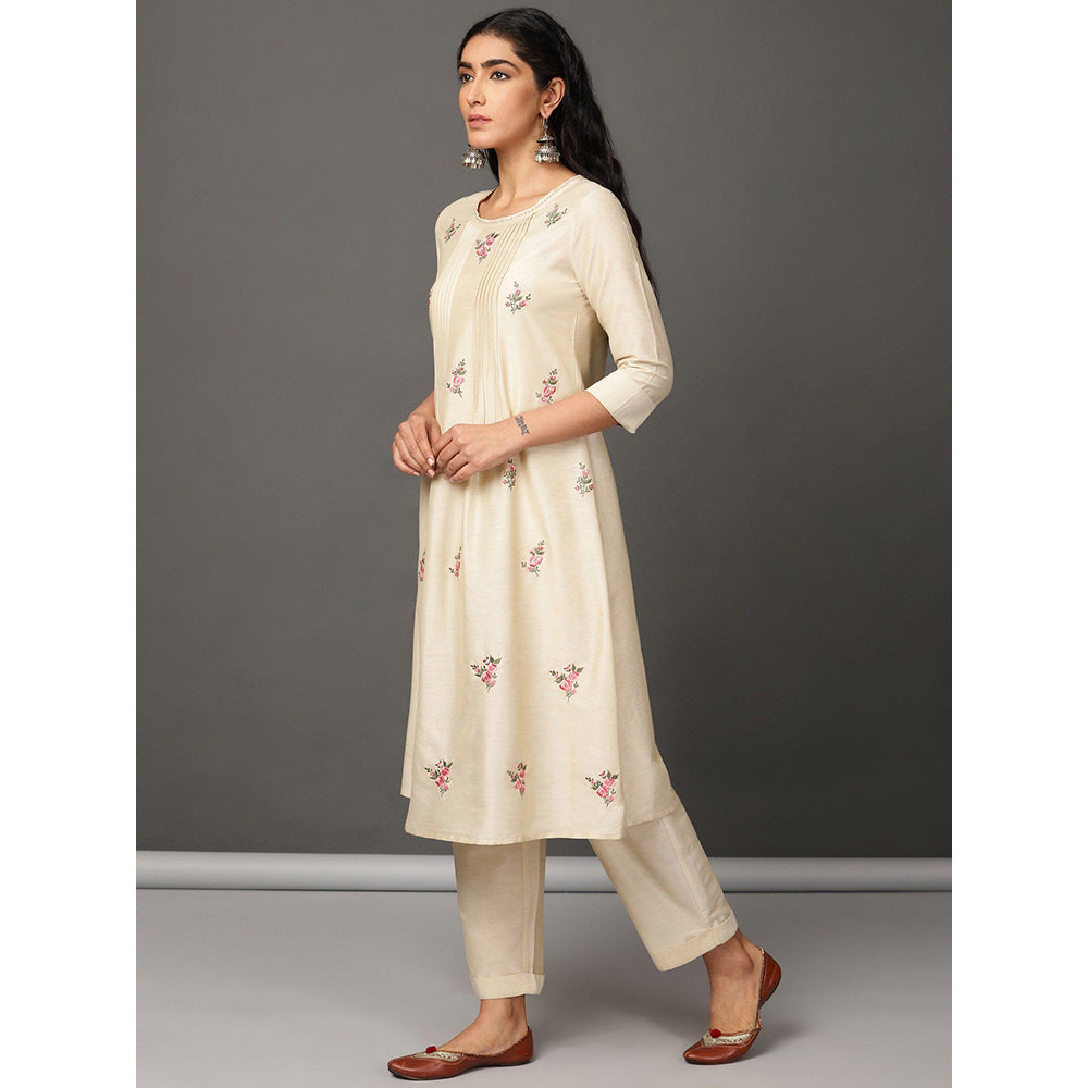 Nuhh Beige PST Silk Kurta With Pant And Embroidery (Set of 2)