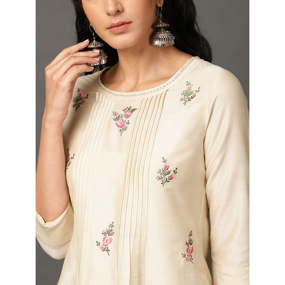 Nuhh Beige PST Silk Kurta With Pant And Embroidery (Set of 2)