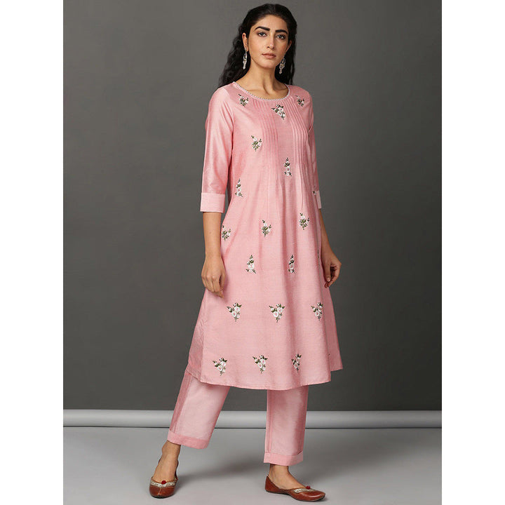 Nuhh Baby Pink PST Silk Kurta With Pant And Embroidery (Set of 2)