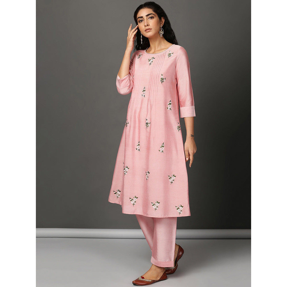 Nuhh Baby Pink PST Silk Kurta With Pant And Embroidery (Set of 2)