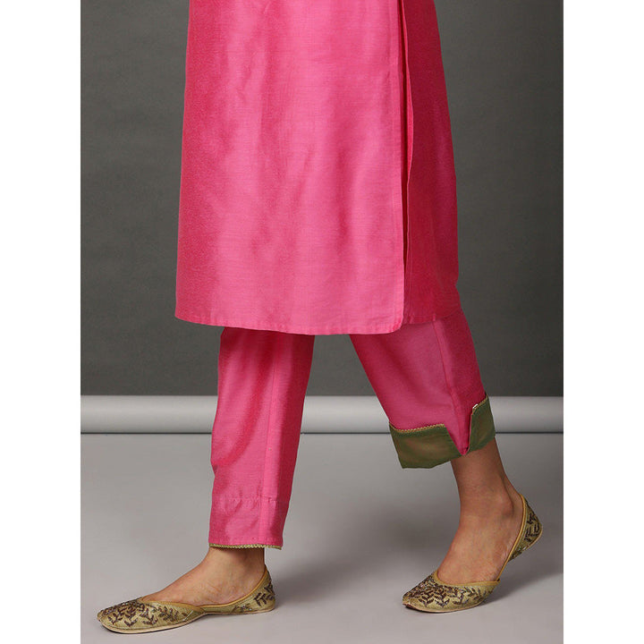 Nuhh Neon Pink PST Silk Kurta & Pant With Olive Chanderi Dupatta (Set of 3)