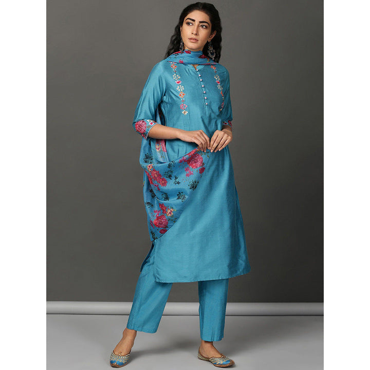 Nuhh Blue Straight PST Silk Kurta & Pant With Printed Chanderi Dupatta (Set of 3)