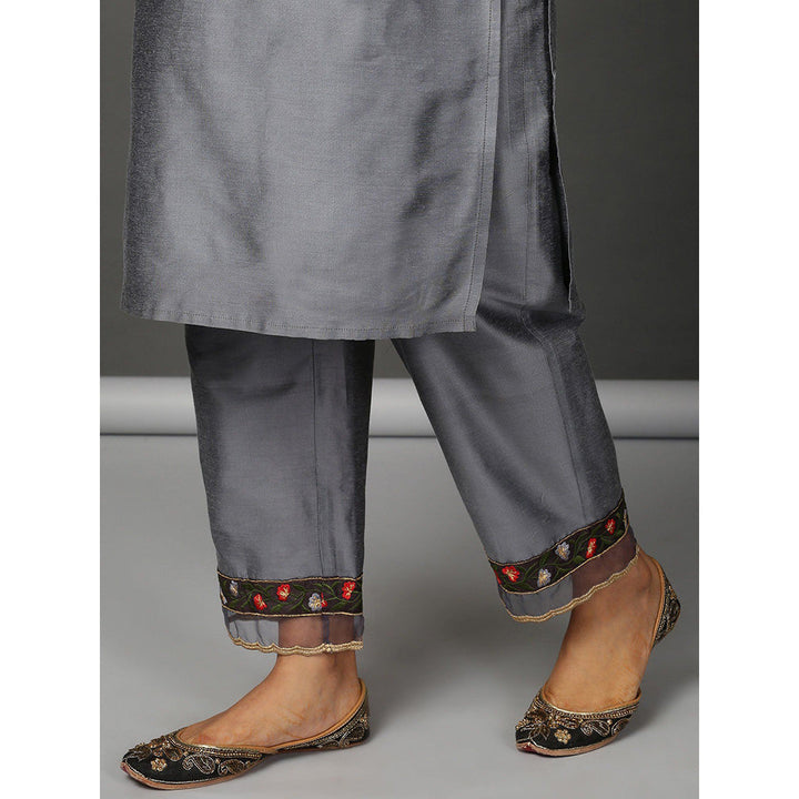 Nuhh Grey Straight PST Silk Kurta & Embroidery Pant With Organza Dupatta (Set of 3)