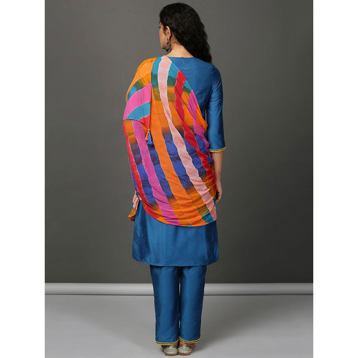 Nuhh Royal Blue PST Silk Kurta & Embroidery Pant With Tie Dye Georgette Dupatta (Set of 3)