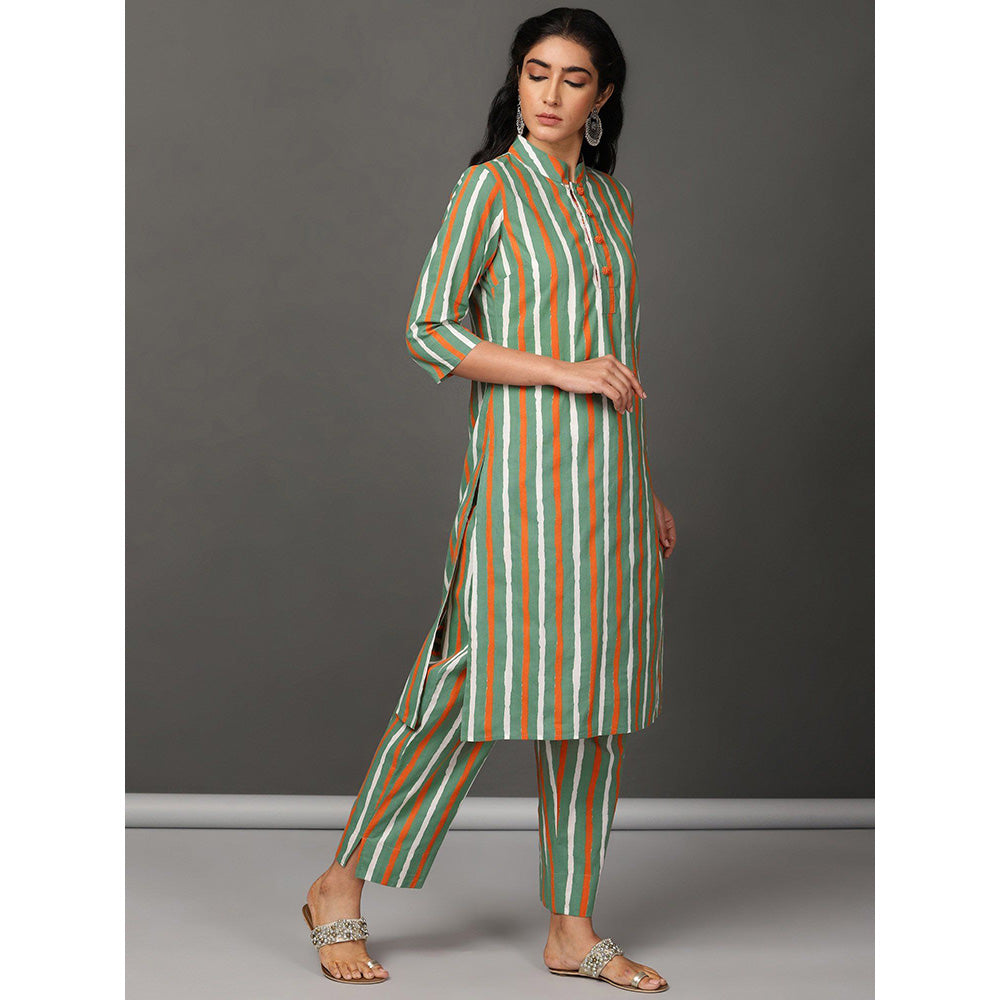 Nuhh Multi-Color Stripe Straight Kurta With Rounded Bottom And Pant (Set of 2)