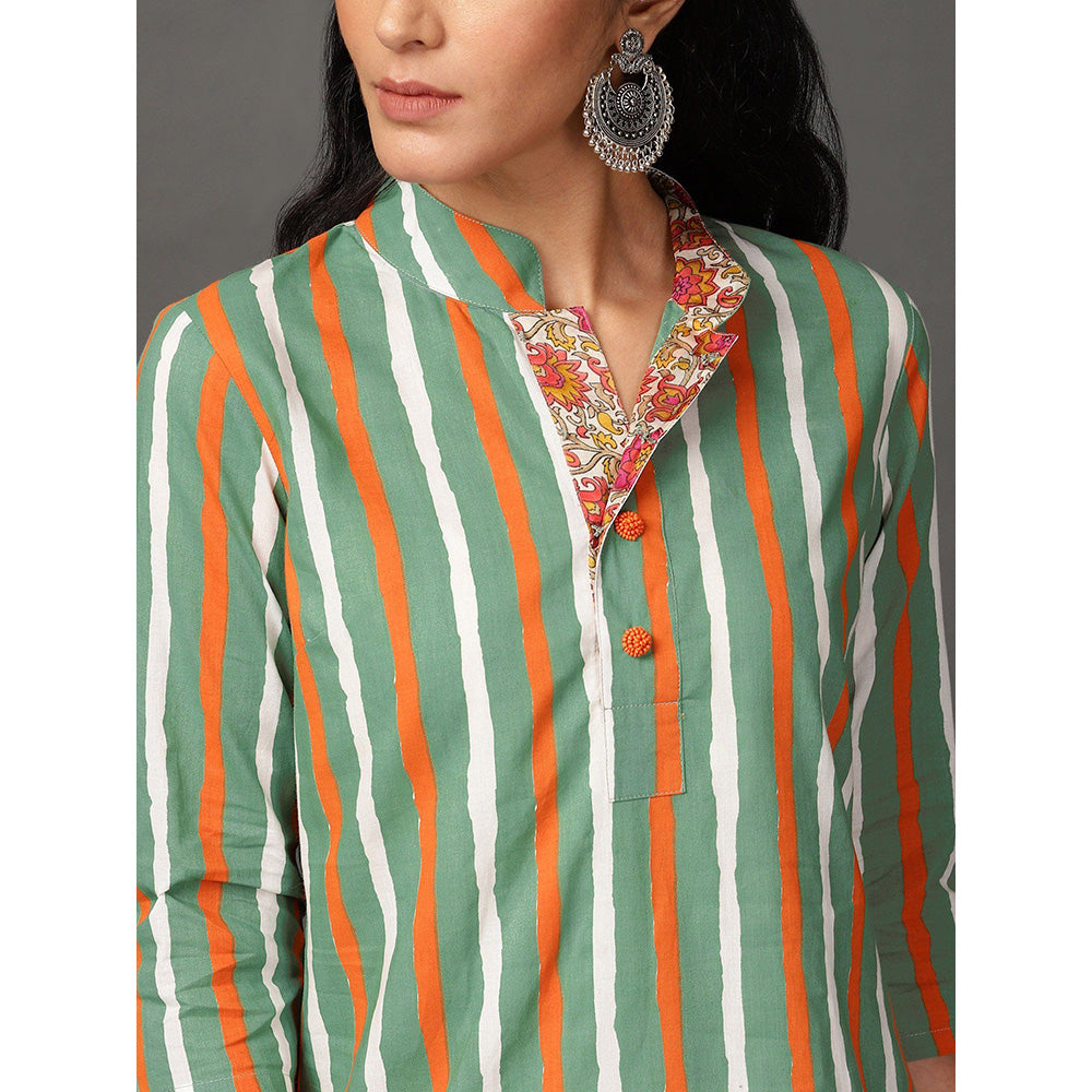 Nuhh Multi-Color Stripe Straight Kurta With Rounded Bottom And Pant (Set of 2)