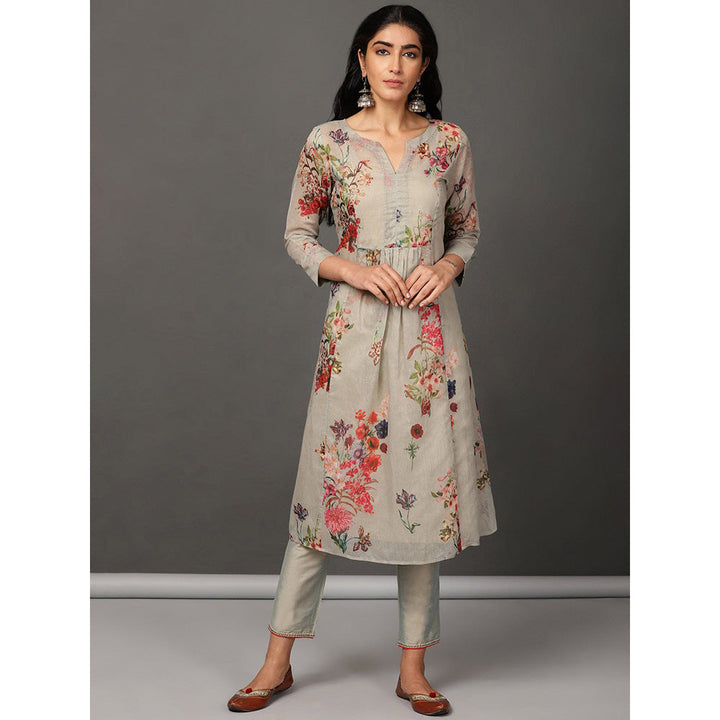 Nuhh Printed Olive Chanderi Kurta With Inner And Silk PST Pant (Set of 3)