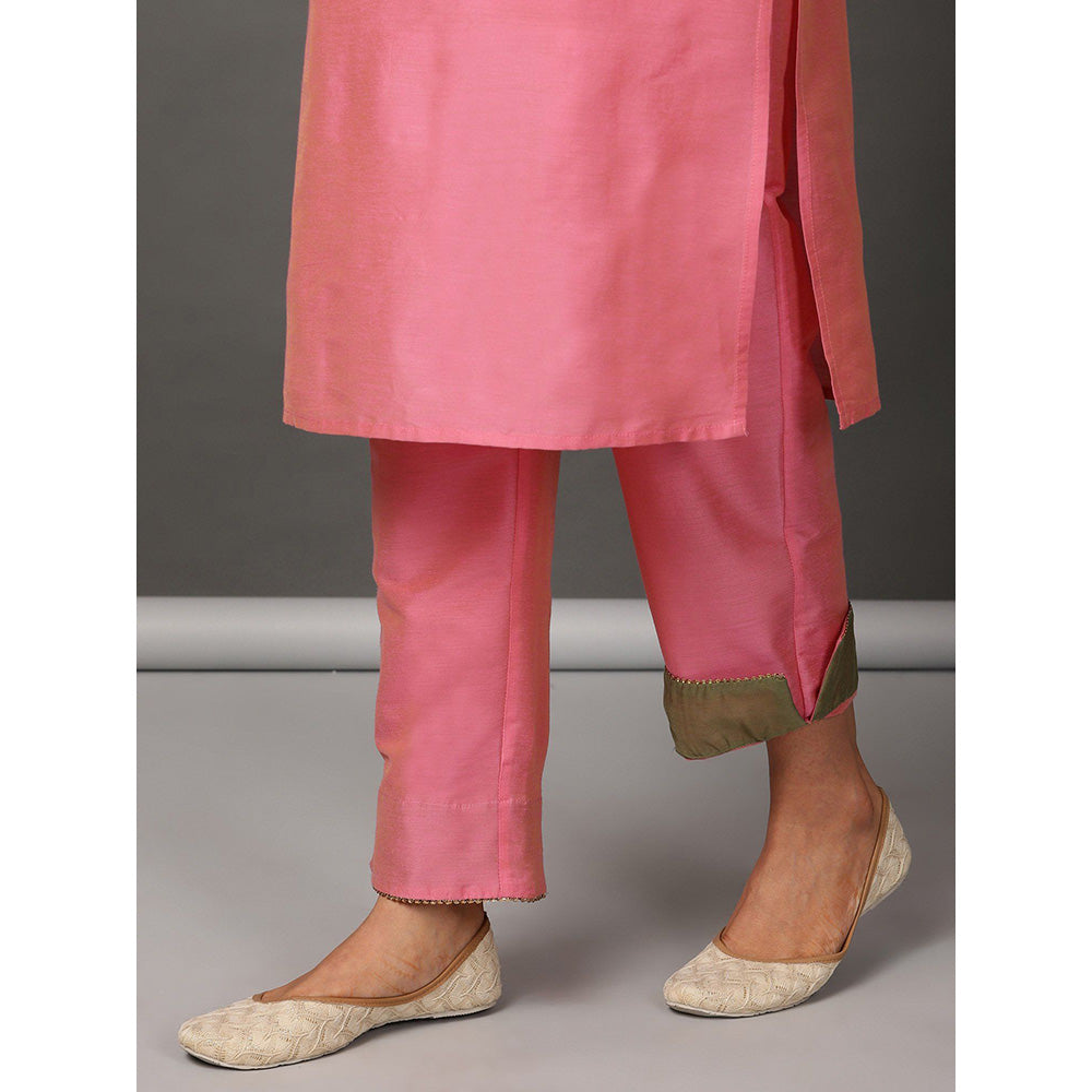 Nuhh Pink Straight PST Silk Kurta & Pant With Green Chiffon Dupatta (Set of 3)