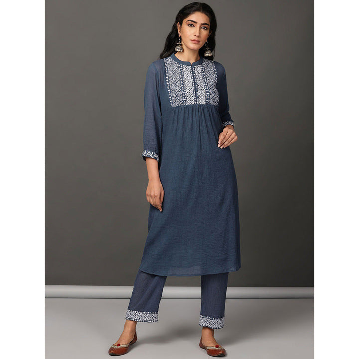 Nuhh Navy Blue Crinkle Cotton Straight Kurta With Pant And Embroidery (Set of 2)