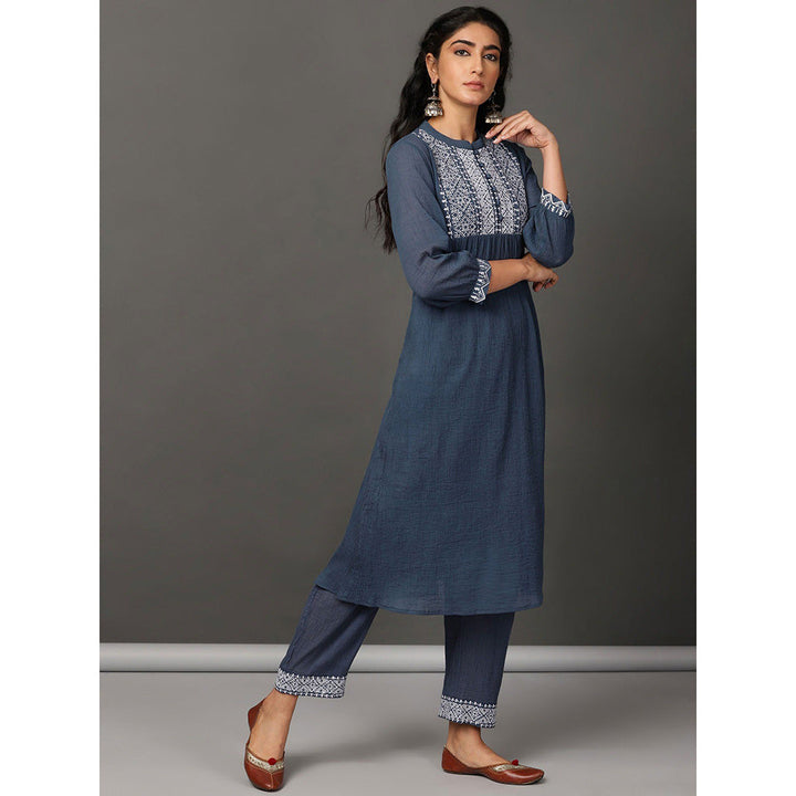 Nuhh Navy Blue Crinkle Cotton Straight Kurta With Pant And Embroidery (Set of 2)