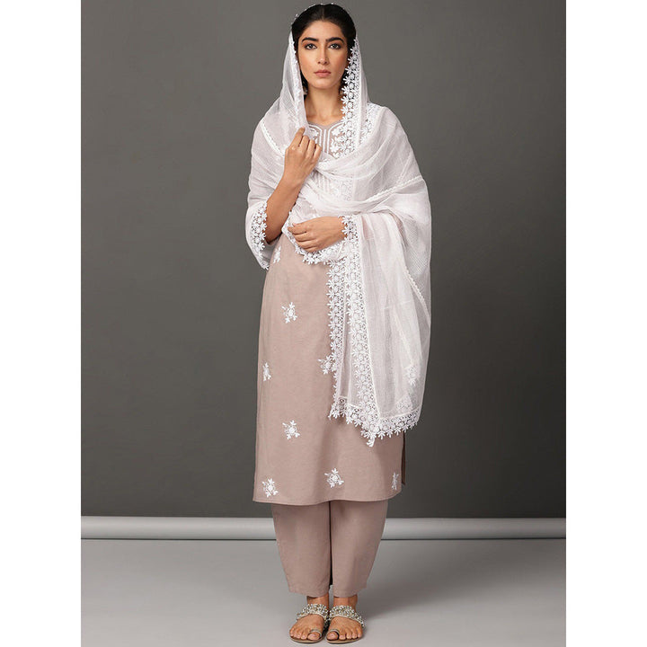 Nuhh Taupe Cotton Kurta With Embroidery & Pant With A Cotton White Lace Dupatta (Set of 3)