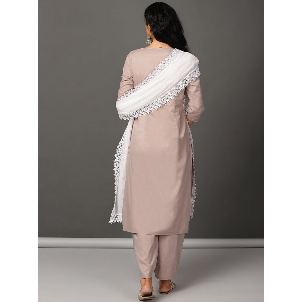 Nuhh Taupe Cotton Kurta With Embroidery & Pant With A Cotton White Lace Dupatta (Set of 3)