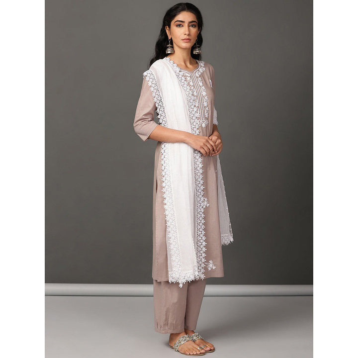 Nuhh Taupe Cotton Kurta With Embroidery & Pant With A Cotton White Lace Dupatta (Set of 3)