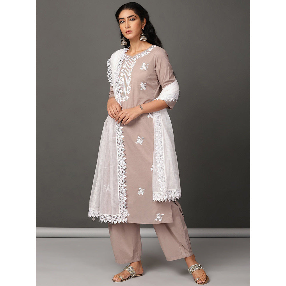 Nuhh Taupe Cotton Kurta With Embroidery & Pant With A Cotton White Lace Dupatta (Set of 3)