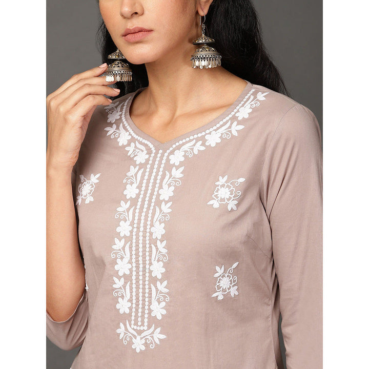 Nuhh Taupe Cotton Kurta With Embroidery & Pant With A Cotton White Lace Dupatta (Set of 3)