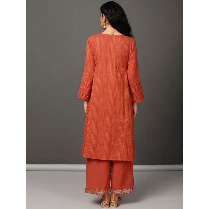 Nuhh Rust Flare Cotton Kurta With Pant And Embroidery (Set of 2)