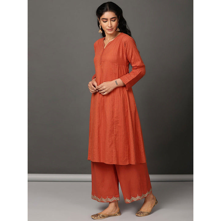 Nuhh Rust Flare Cotton Kurta With Pant And Embroidery (Set of 2)