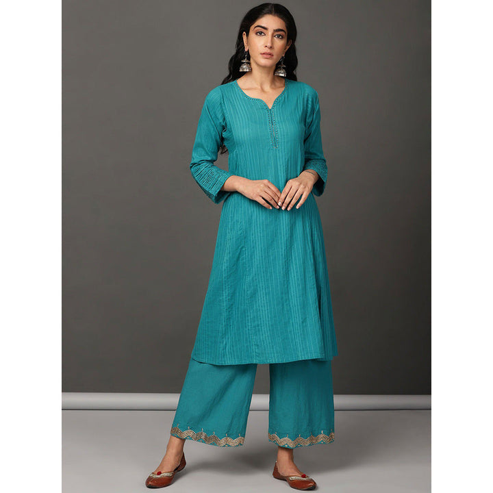 Nuhh Teal Flare Cotton Kurta With Pant And Embroidery (Set of 2)