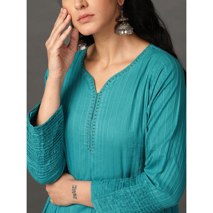 Nuhh Teal Flare Cotton Kurta With Pant And Embroidery (Set of 2)