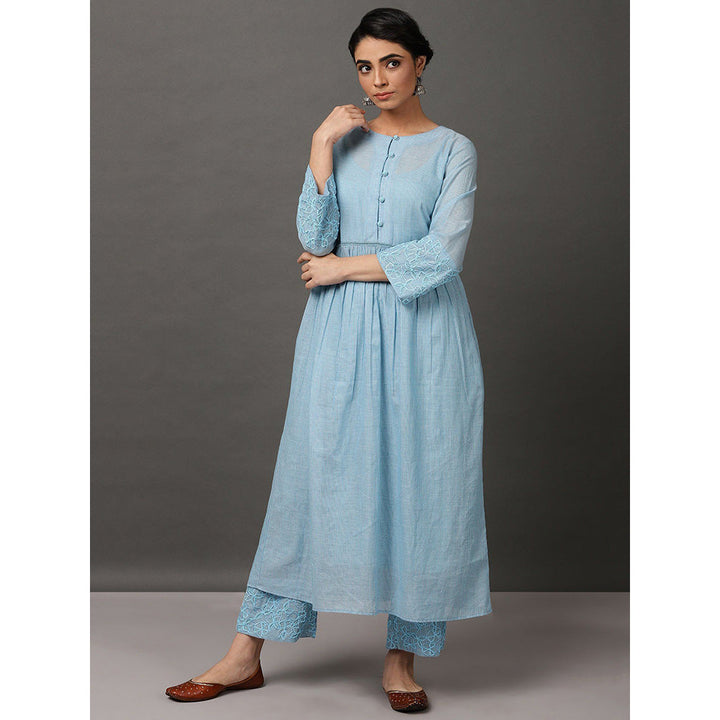 Nuhh Light Blue Colour Kurta With Hand Embroidery Pant & Inner (Set of 3)