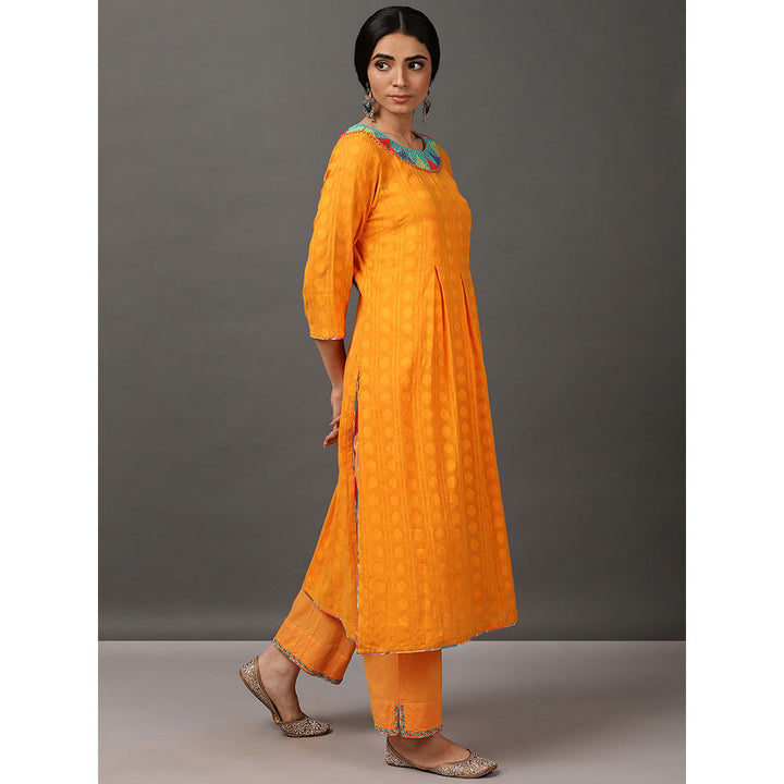 Nuhh Orange Jacquard Kurta & Pant With Hand Embroidery (Set of 2)