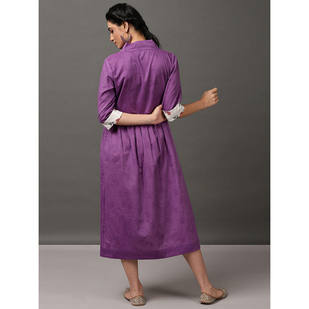 Nuhh Purple Stripe Yarn Dyed Dress With Off White Printed Yarn Dyed Lining