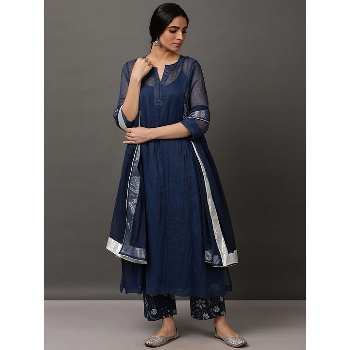 Nuhh Blue Kalidaar Kurta With Cotton Came & Indigo Printed Pant With Dupatta (Set of 4)