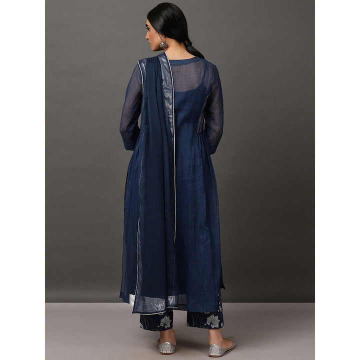 Nuhh Blue Kalidaar Kurta With Cotton Came & Indigo Printed Pant With Dupatta (Set of 4)