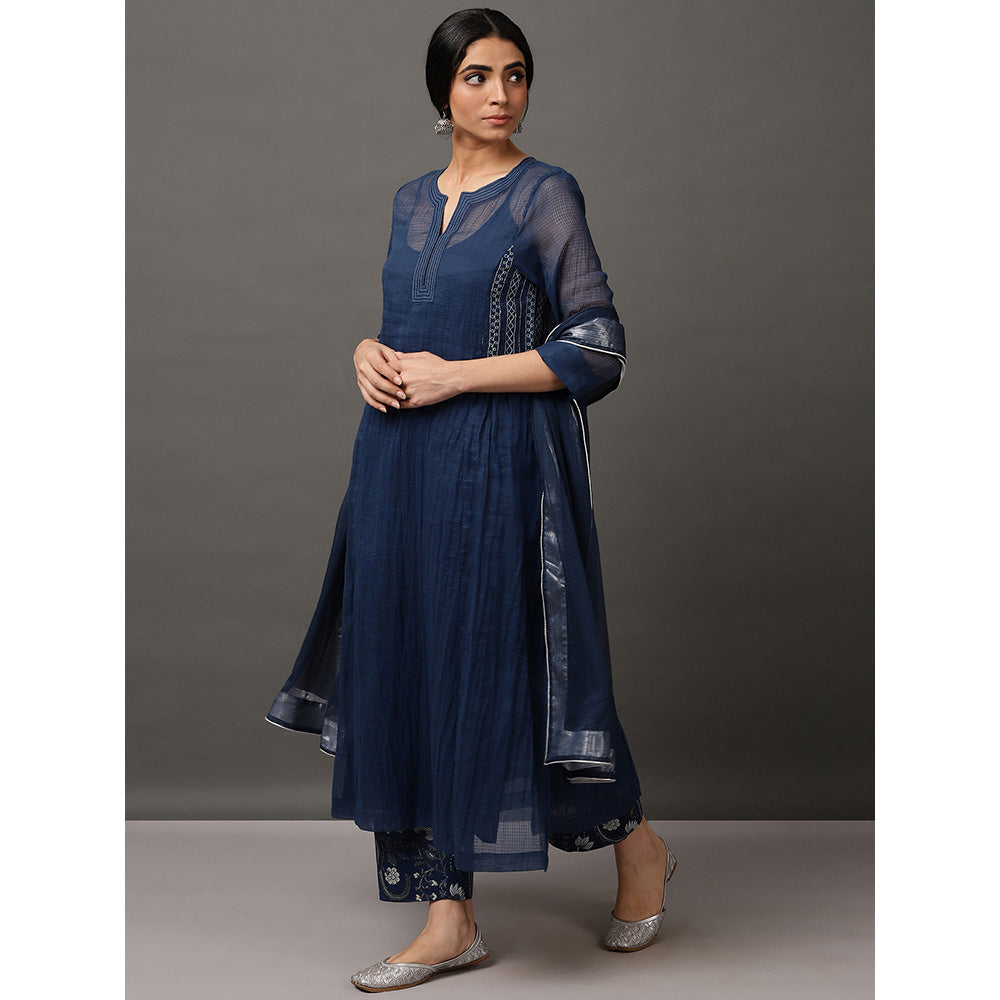 Nuhh Blue Kalidaar Kurta With Cotton Came & Indigo Printed Pant With Dupatta (Set of 4)